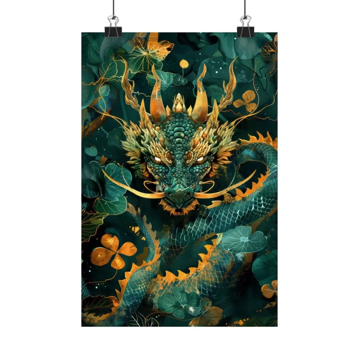 Emerald Dragon Rising Through a Golden Forest - Matte Vertical Posters mockup angle 1