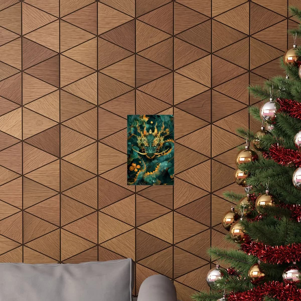 Emerald Dragon Rising Through a Golden Forest - Matte Vertical Posters mockup angle 4