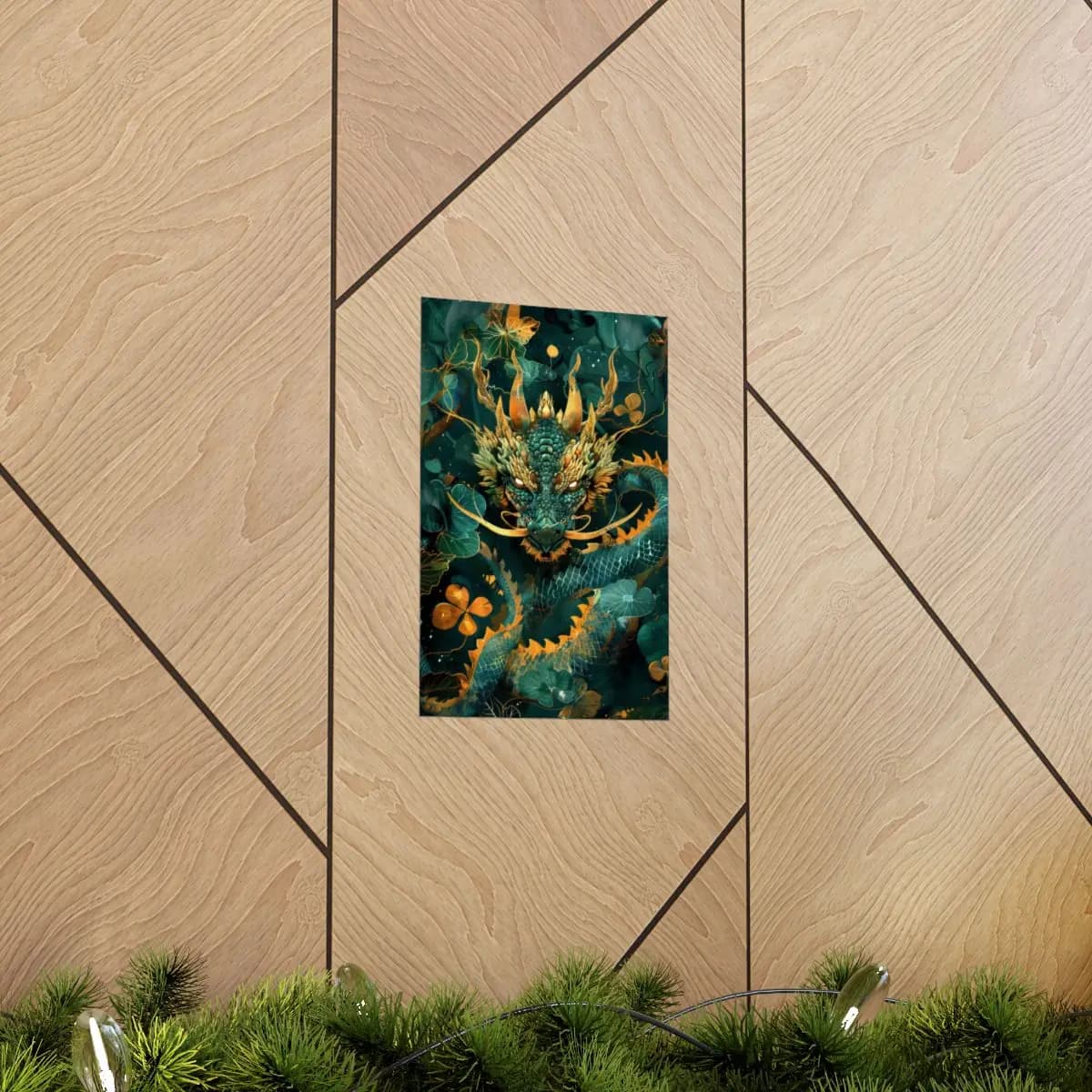 Emerald Dragon Rising Through a Golden Forest - Matte Vertical Posters mockup angle 5