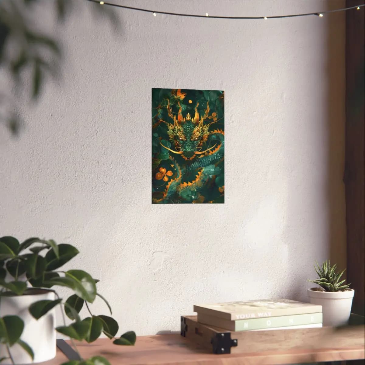 Emerald Dragon Rising Through a Golden Forest - Matte Vertical Posters mockup angle 6