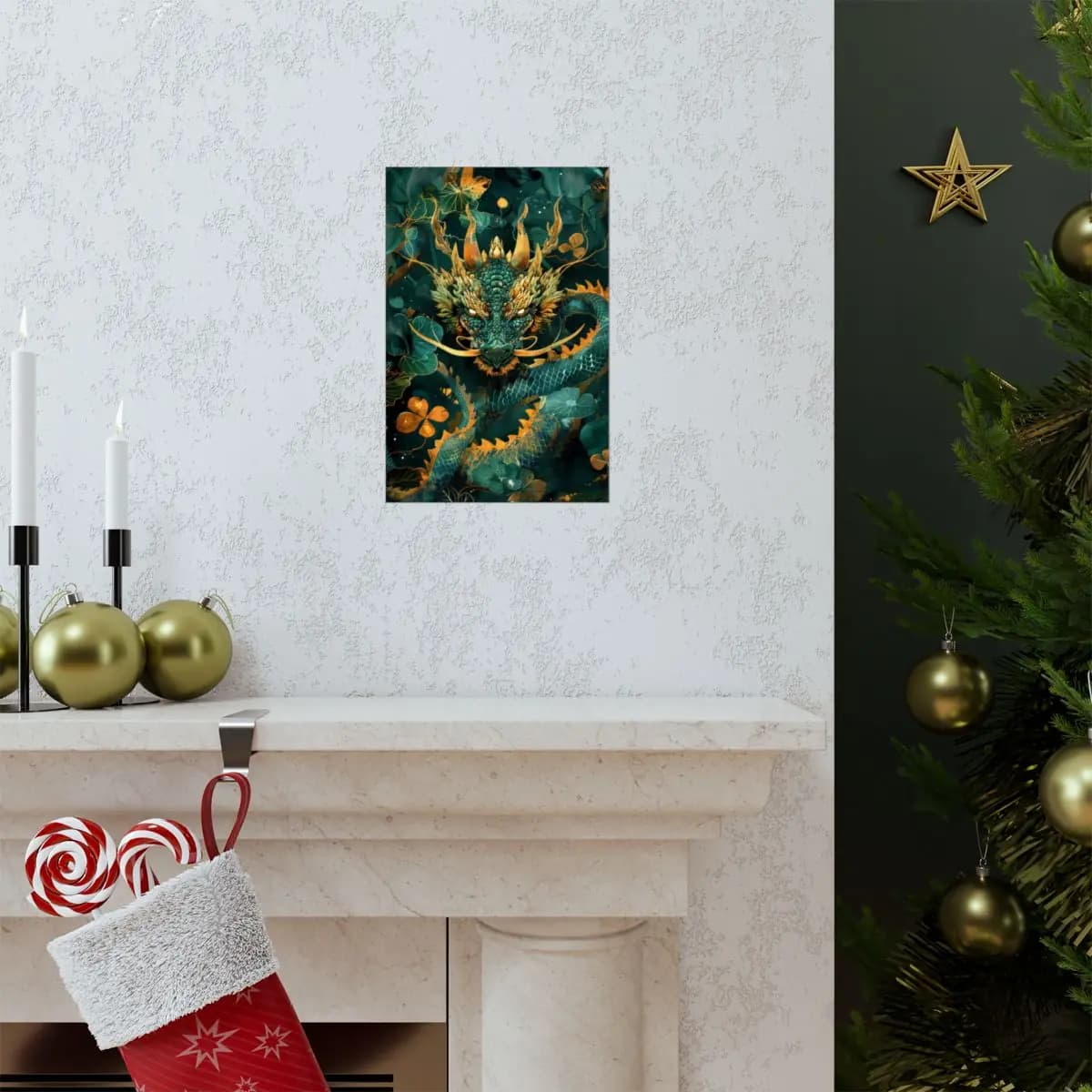 Emerald Dragon Rising Through a Golden Forest - Matte Vertical Posters mockup angle 7