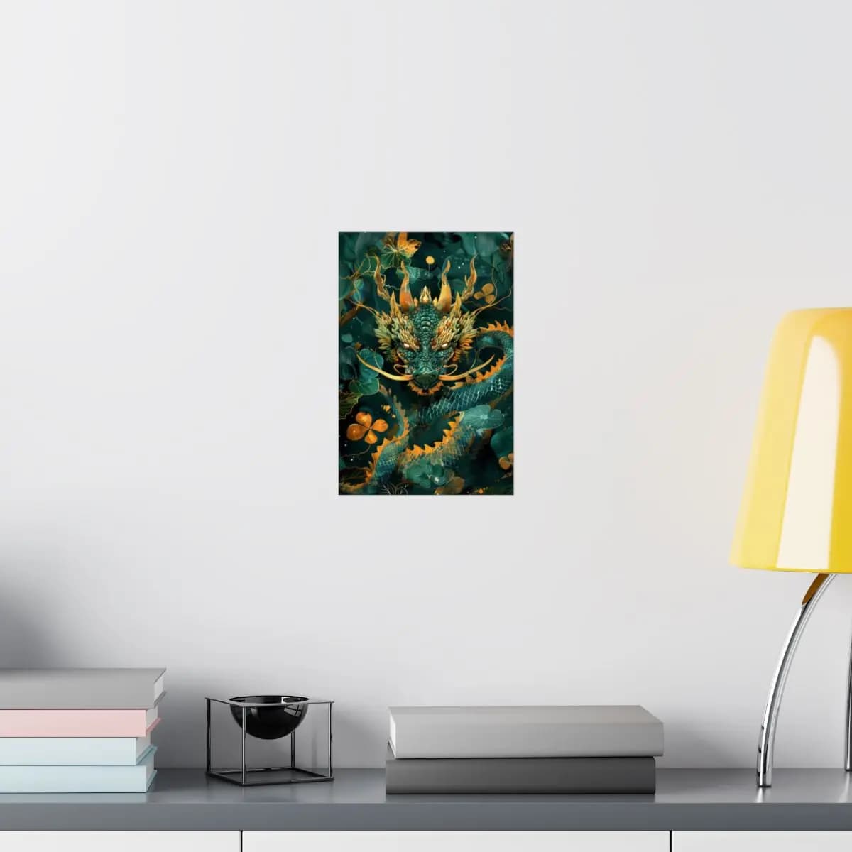 Emerald Dragon Rising Through a Golden Forest - Matte Vertical Posters mockup angle 8