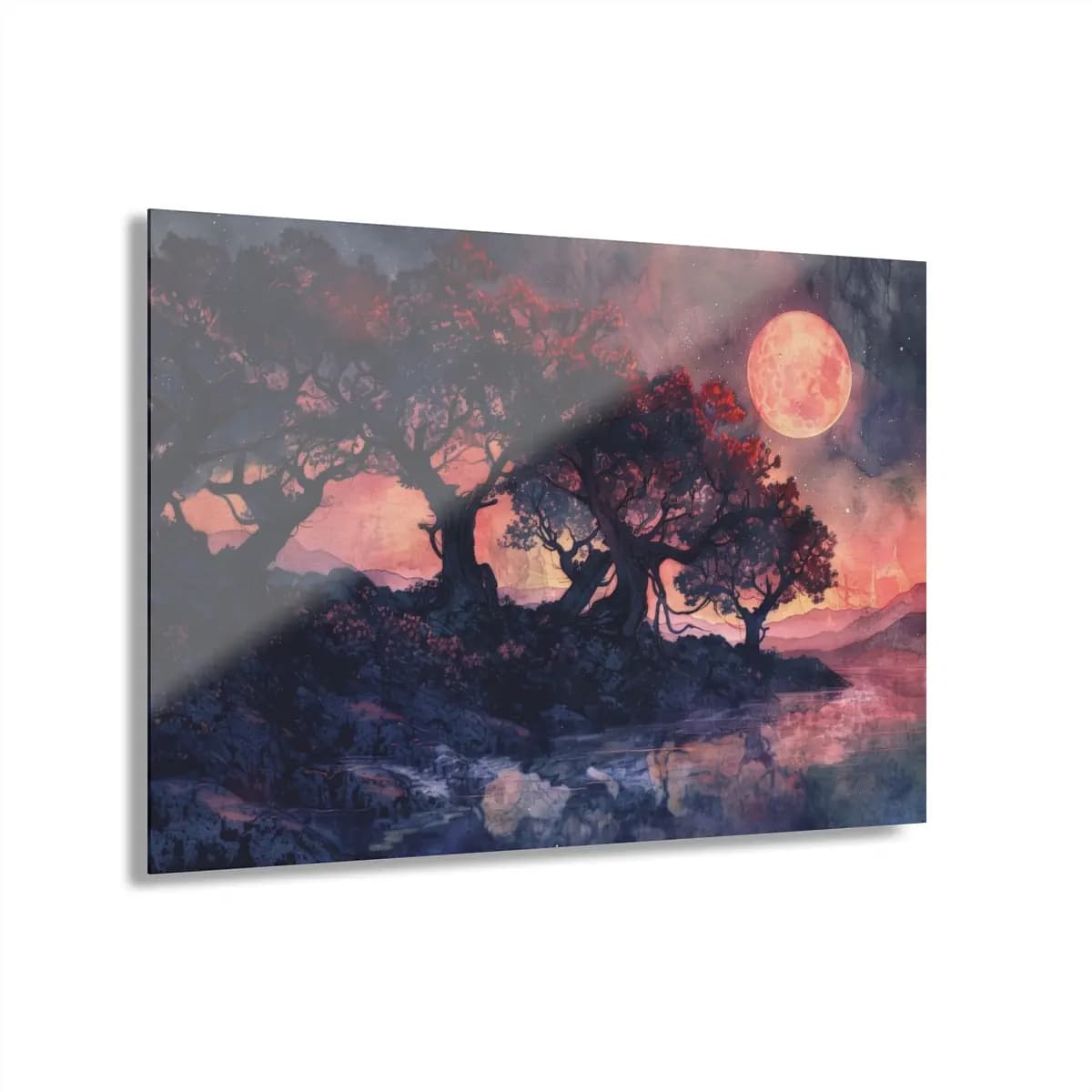 Blood Moon Over Ancient Twisted Trees at Night - Acrylic Prints (French Cleat Hanging) mockup angle 1