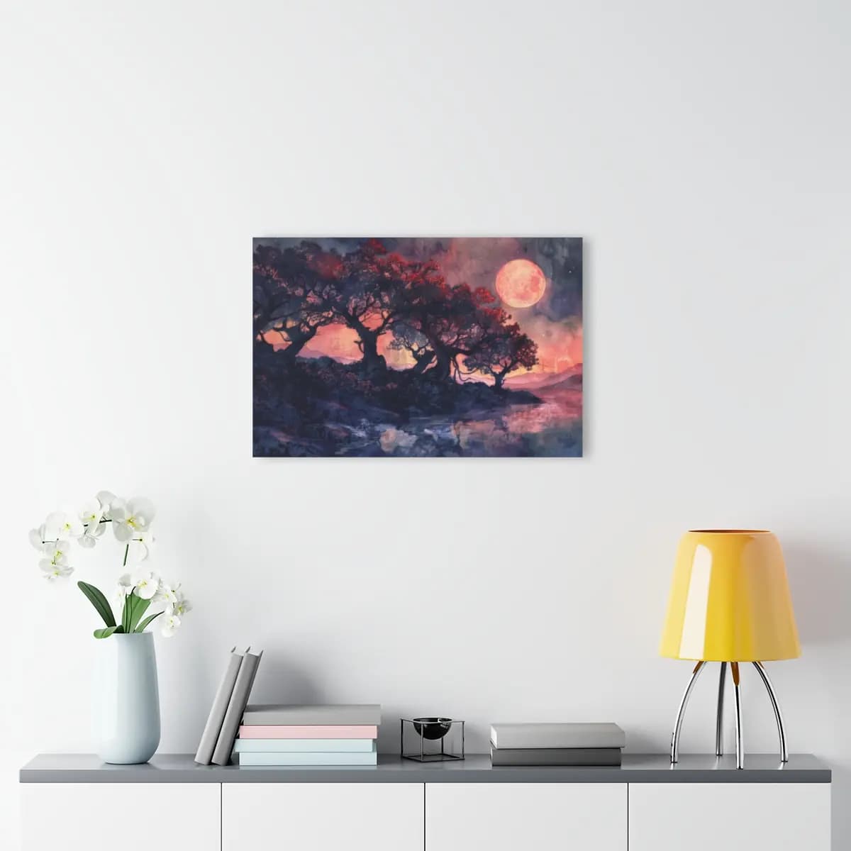 Blood Moon Over Ancient Twisted Trees at Night - Acrylic Prints (French Cleat Hanging) mockup angle 4