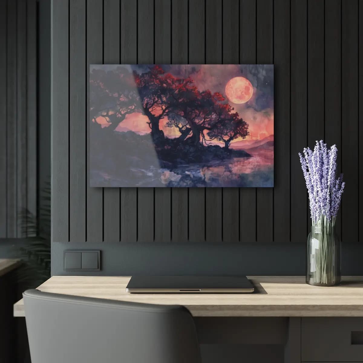 Blood Moon Over Ancient Twisted Trees at Night - Acrylic Prints (French Cleat Hanging) mockup angle 5