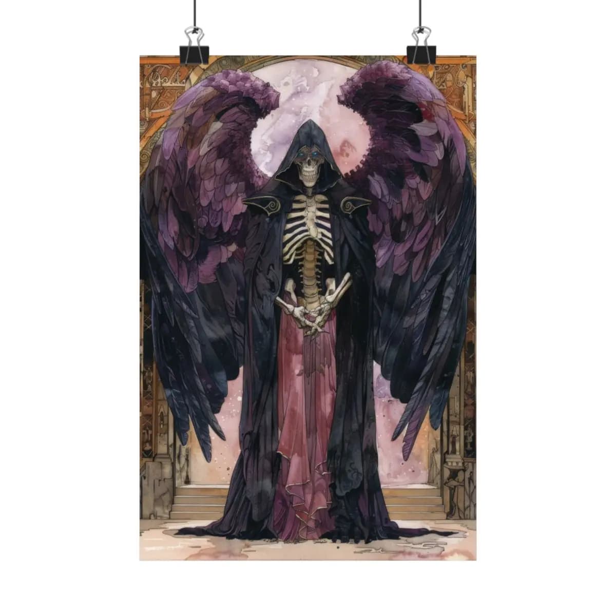 Winged Skeleton Angel in Dark Purple Plumage - Matte Vertical Posters mockup angle 1