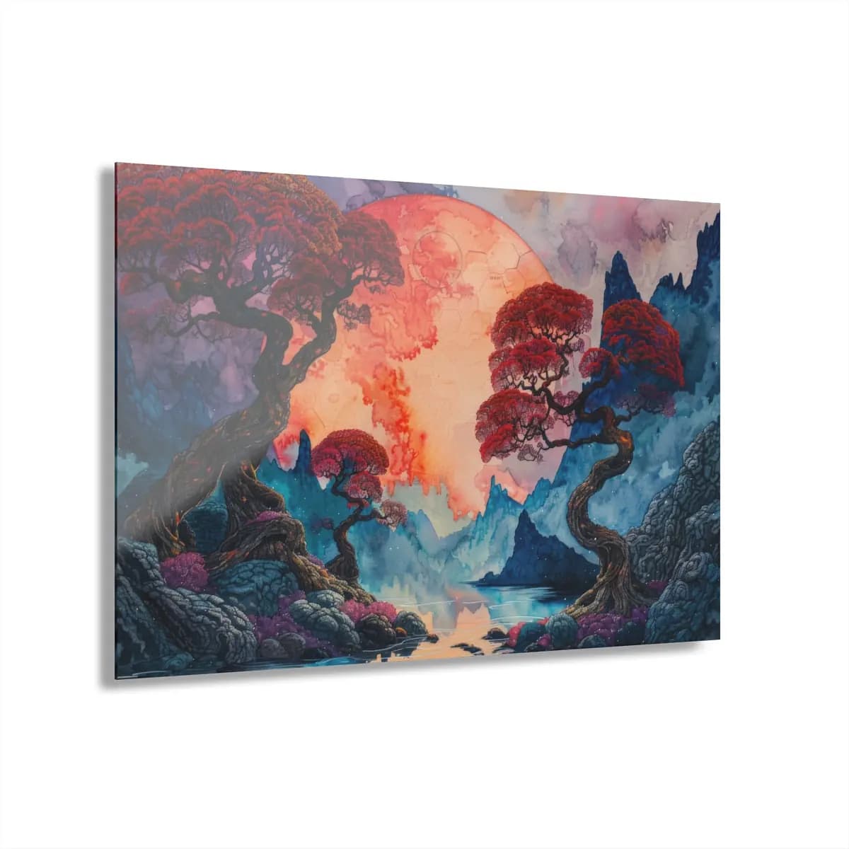Red Moon Rising Over Ancient Twisted Trees - Acrylic Prints (French Cleat Hanging) mockup angle 1