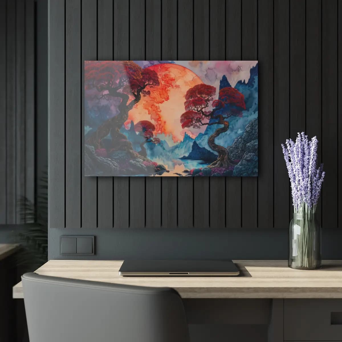 Red Moon Rising Over Ancient Twisted Trees - Acrylic Prints (French Cleat Hanging) mockup angle 5