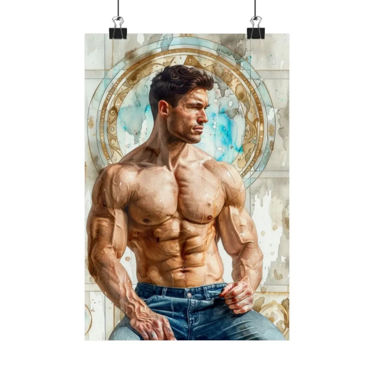 Muscular Figure Within a Golden Ornamental Circle - Matte Vertical Posters mockup angle 1