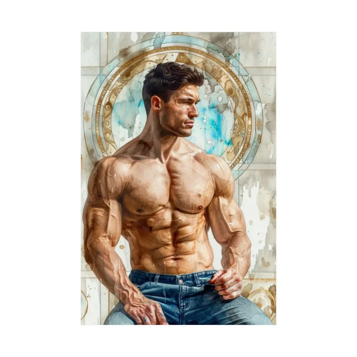 Muscular Figure Within a Golden Ornamental Circle - Matte Vertical Posters mockup angle 2