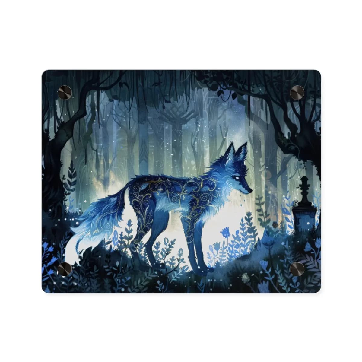 The Celestial Wolf with Golden Arabesques - Acrylic Wall Art Panels mockup angle 1