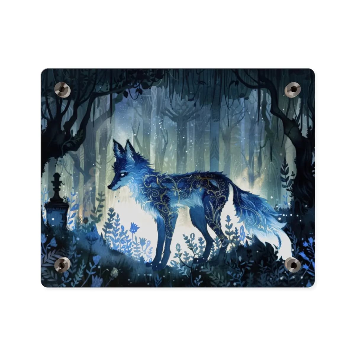 The Celestial Wolf with Golden Arabesques - Acrylic Wall Art Panels mockup angle 2