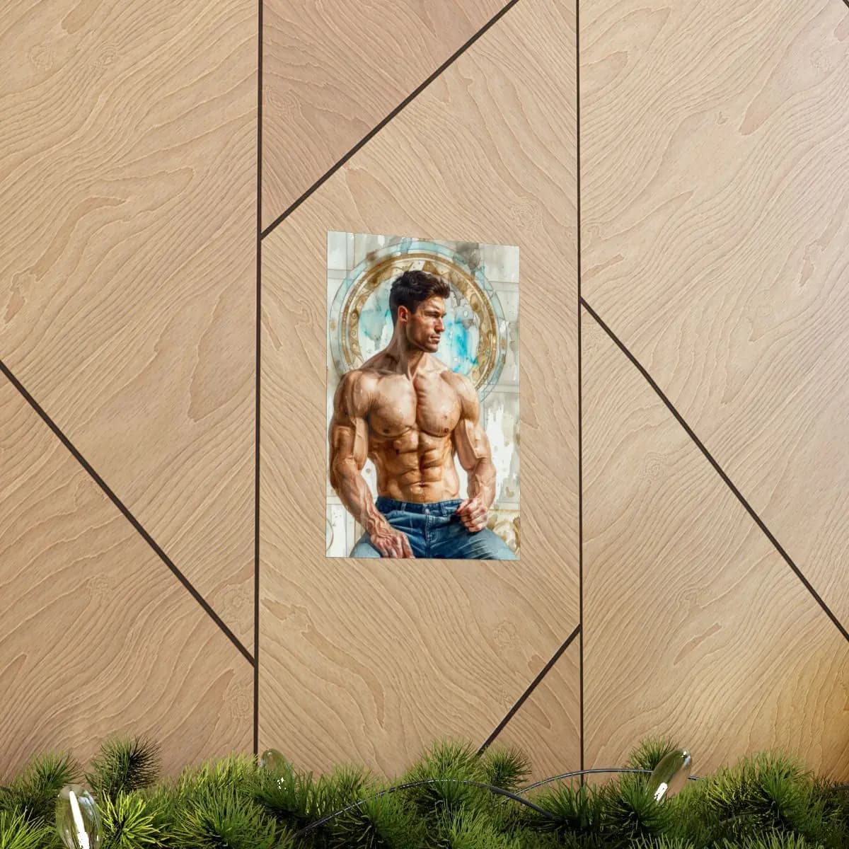 Muscular Figure Within a Golden Ornamental Circle - Matte Vertical Posters mockup angle 5