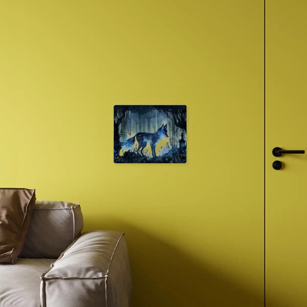 The Celestial Wolf with Golden Arabesques - Acrylic Wall Art Panels mockup angle 4