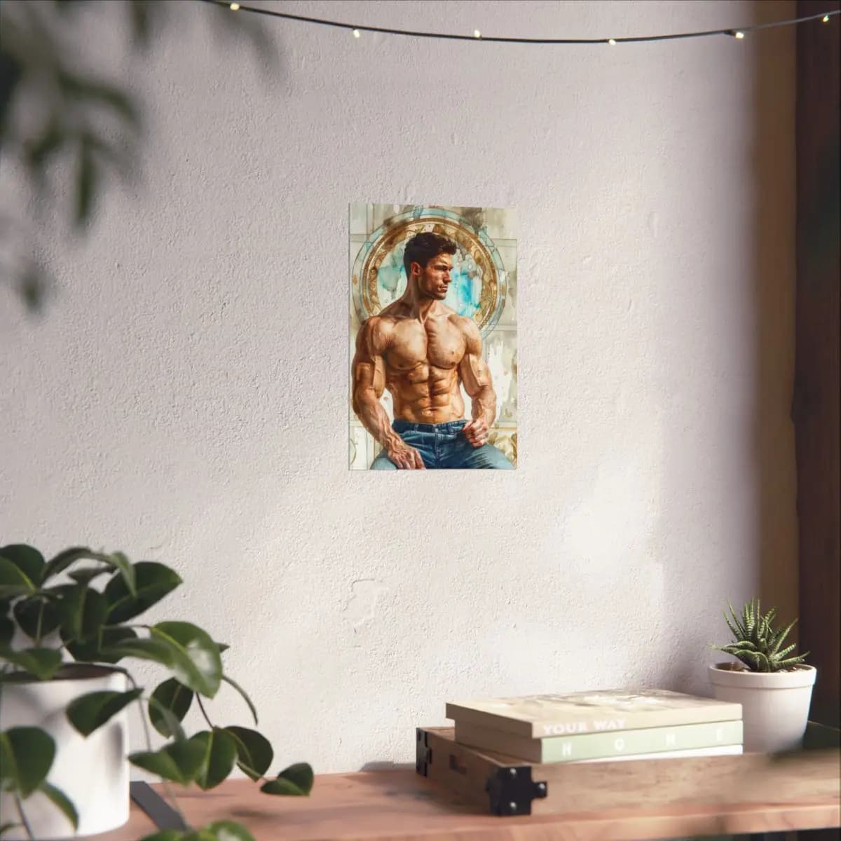 Muscular Figure Within a Golden Ornamental Circle - Matte Vertical Posters mockup angle 6