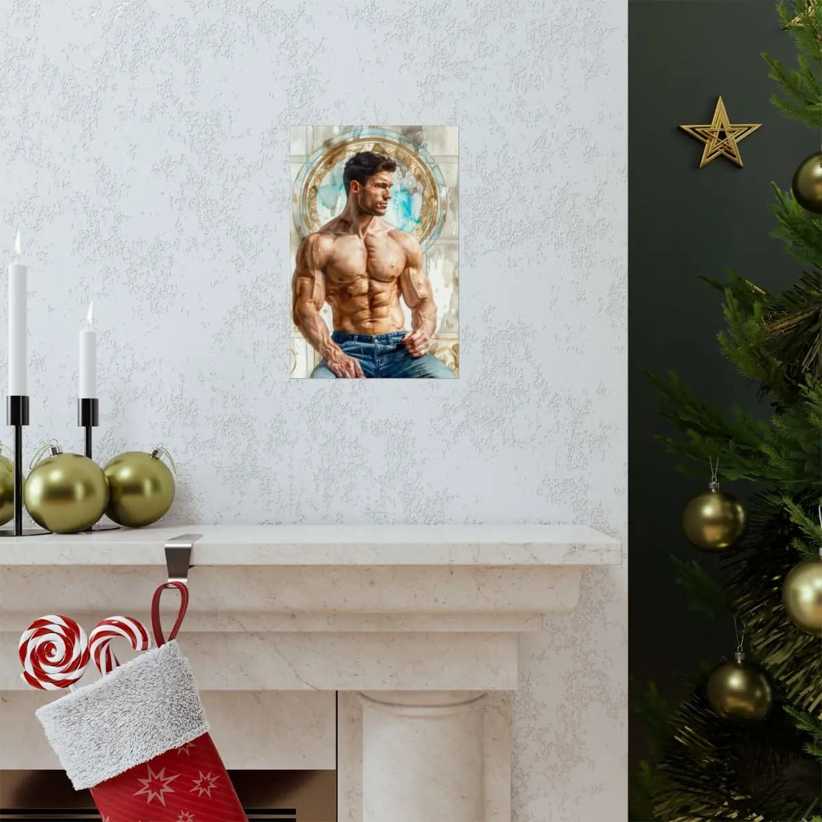 Muscular Figure Within a Golden Ornamental Circle - Matte Vertical Posters mockup angle 7