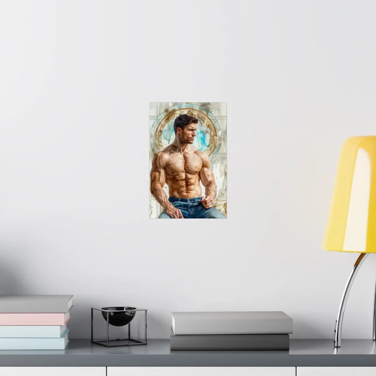 Muscular Figure Within a Golden Ornamental Circle - Matte Vertical Posters mockup angle 8
