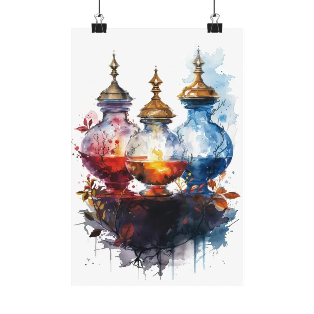 Three Enchanted Ornamental Flasks with Golden Lids - Matte Vertical Posters mockup angle 1