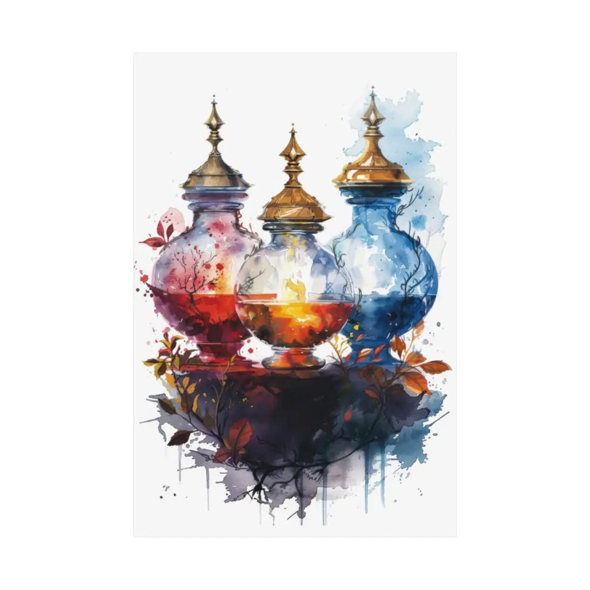 Three Enchanted Ornamental Flasks with Golden Lids - Matte Vertical Posters mockup angle 2