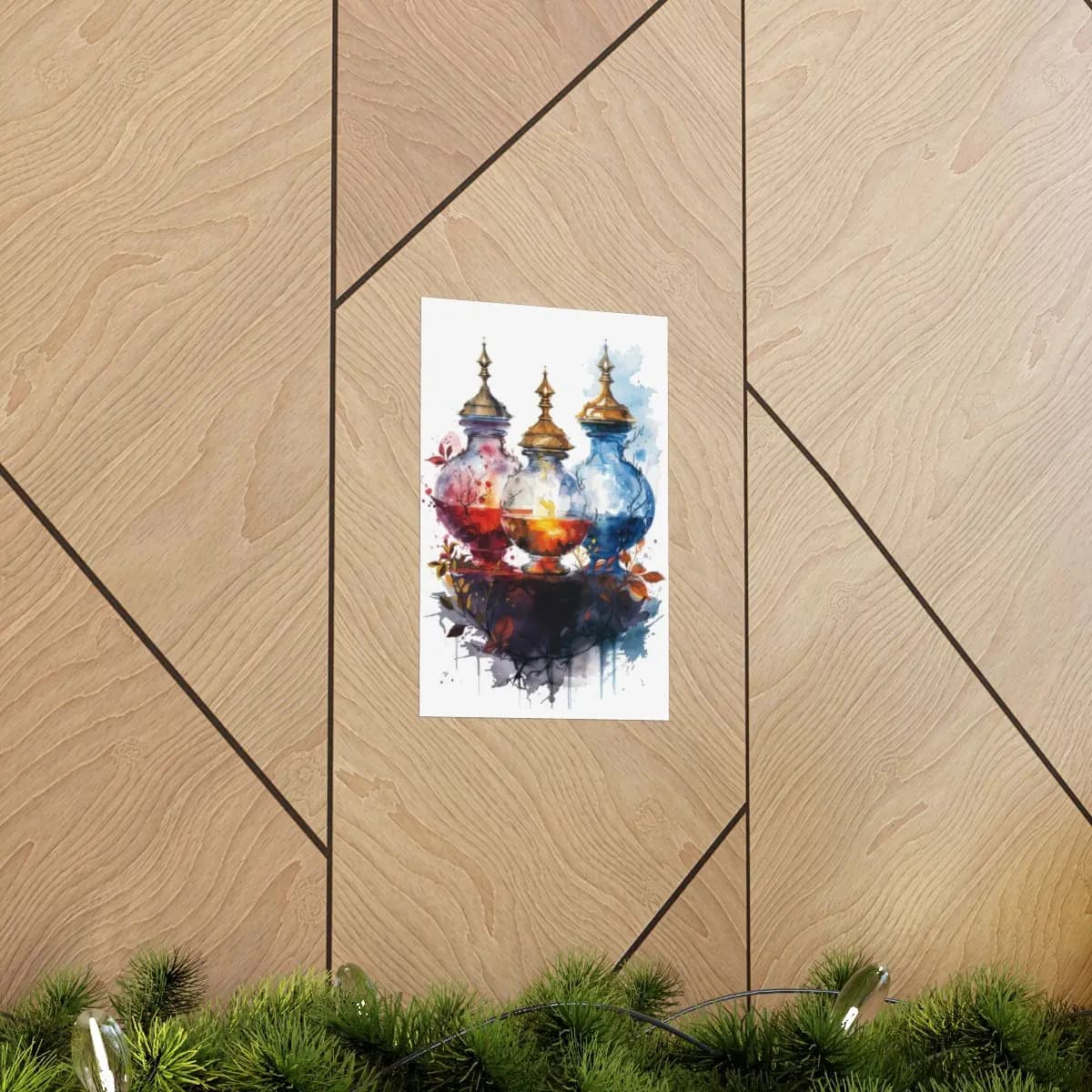 Three Enchanted Ornamental Flasks with Golden Lids - Matte Vertical Posters mockup angle 5