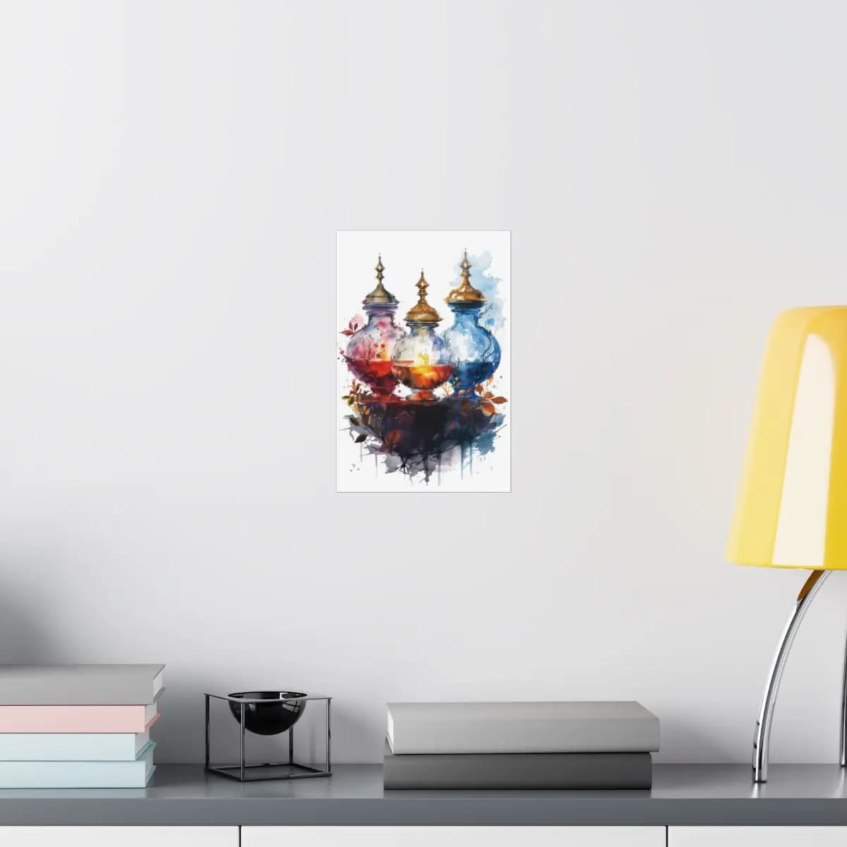 Three Enchanted Ornamental Flasks with Golden Lids - Matte Vertical Posters mockup angle 8