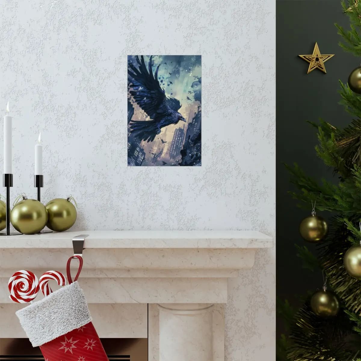 The Great Raven Over a Ruined City - Matte Vertical Posters mockup angle 7