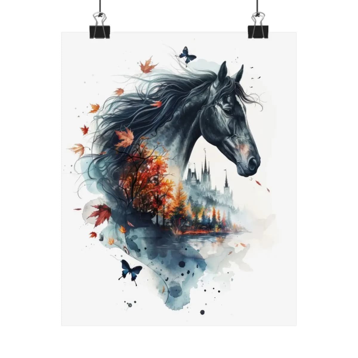 Black Horse and Enchanted Autumn Castle - Matte Vertical Posters mockup angle 1