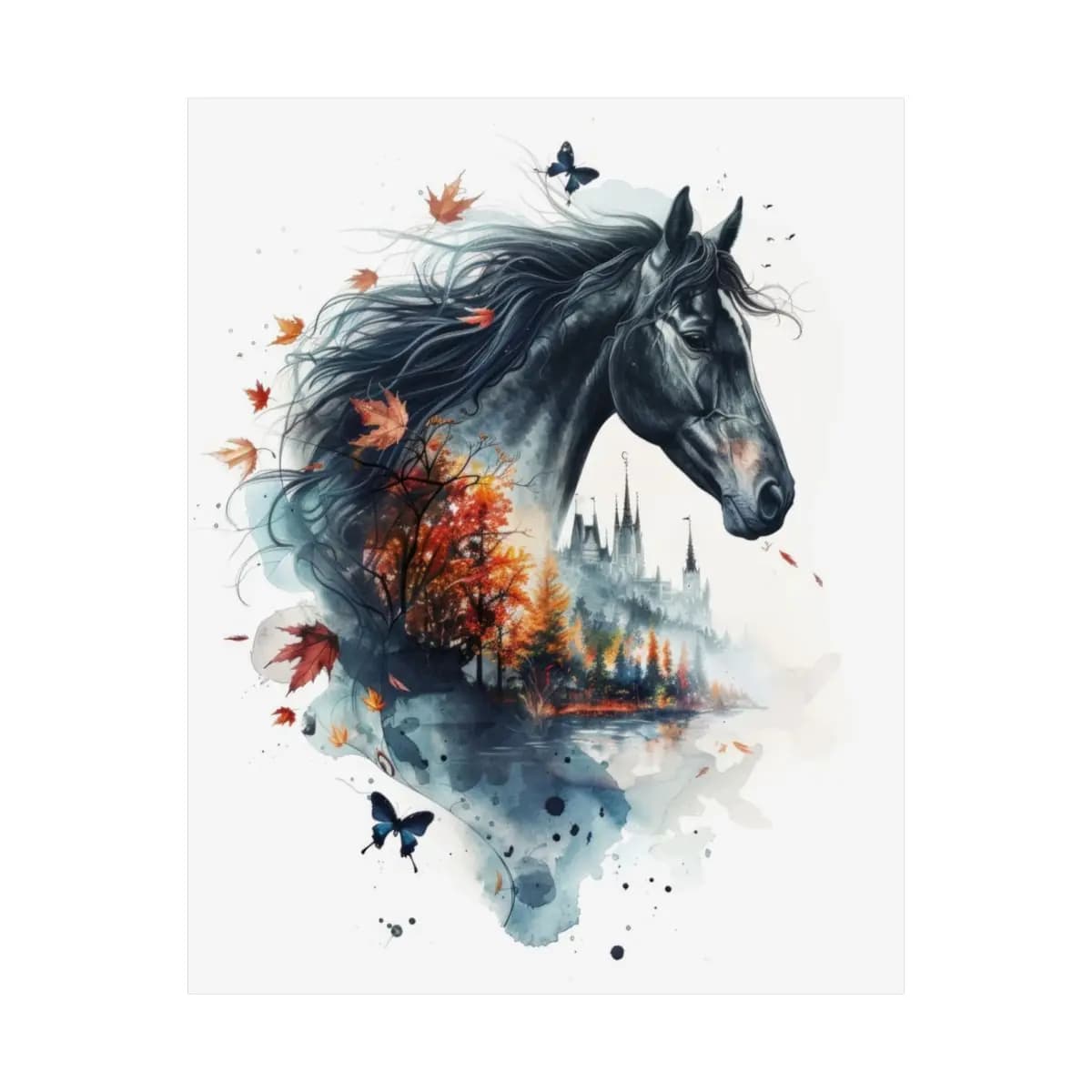 Black Horse and Enchanted Autumn Castle - Matte Vertical Posters mockup angle 2