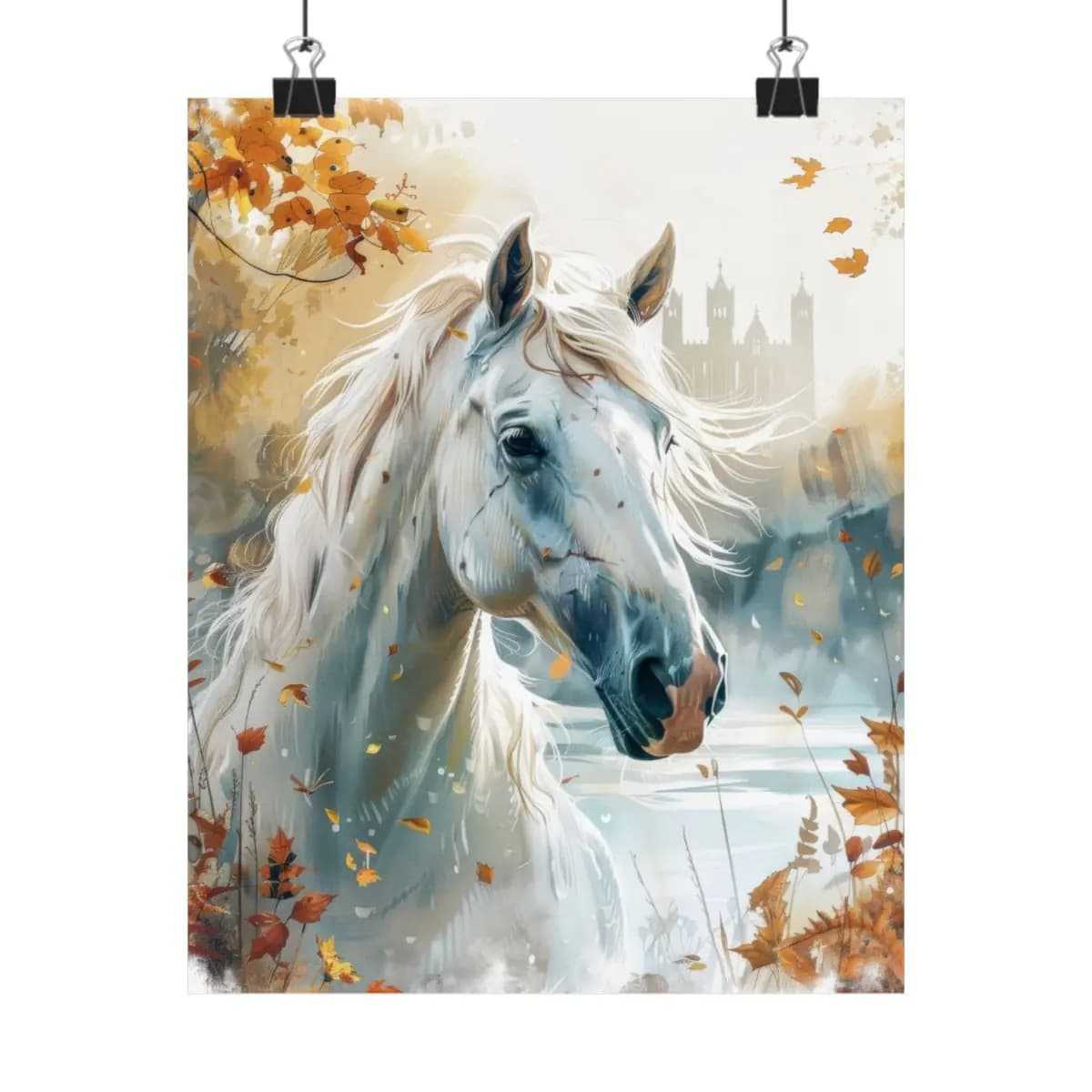 White Horse Amid Golden Autumn Leaves - Matte Vertical Posters mockup angle 1