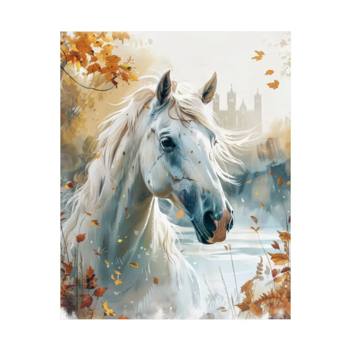 White Horse Amid Golden Autumn Leaves - Matte Vertical Posters mockup angle 2