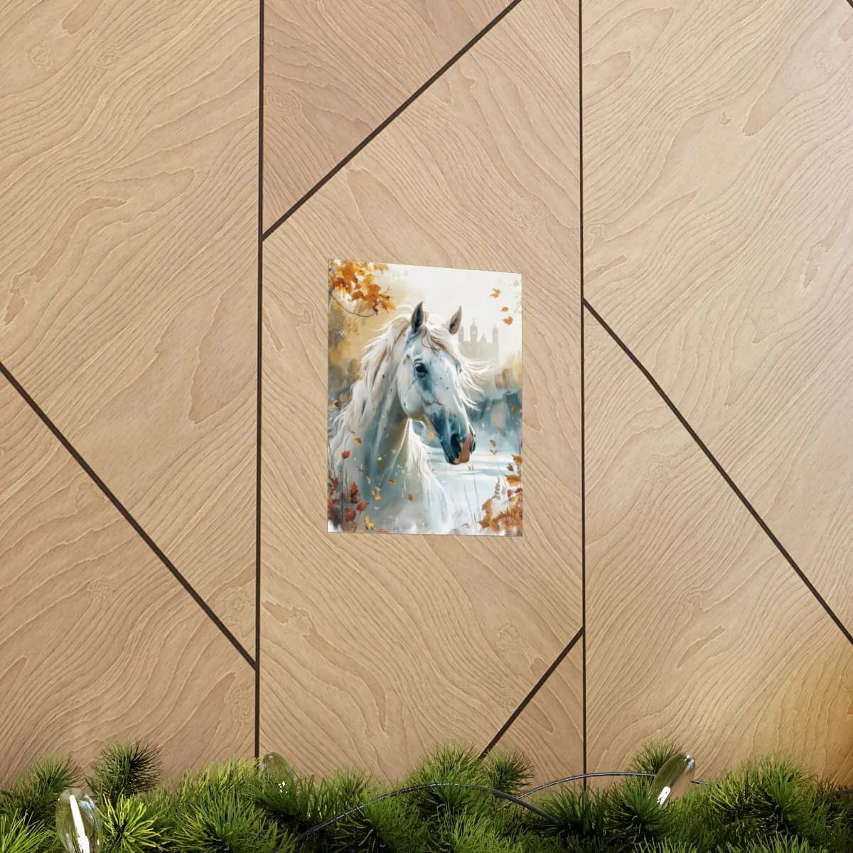 White Horse Amid Golden Autumn Leaves - Matte Vertical Posters mockup angle 5