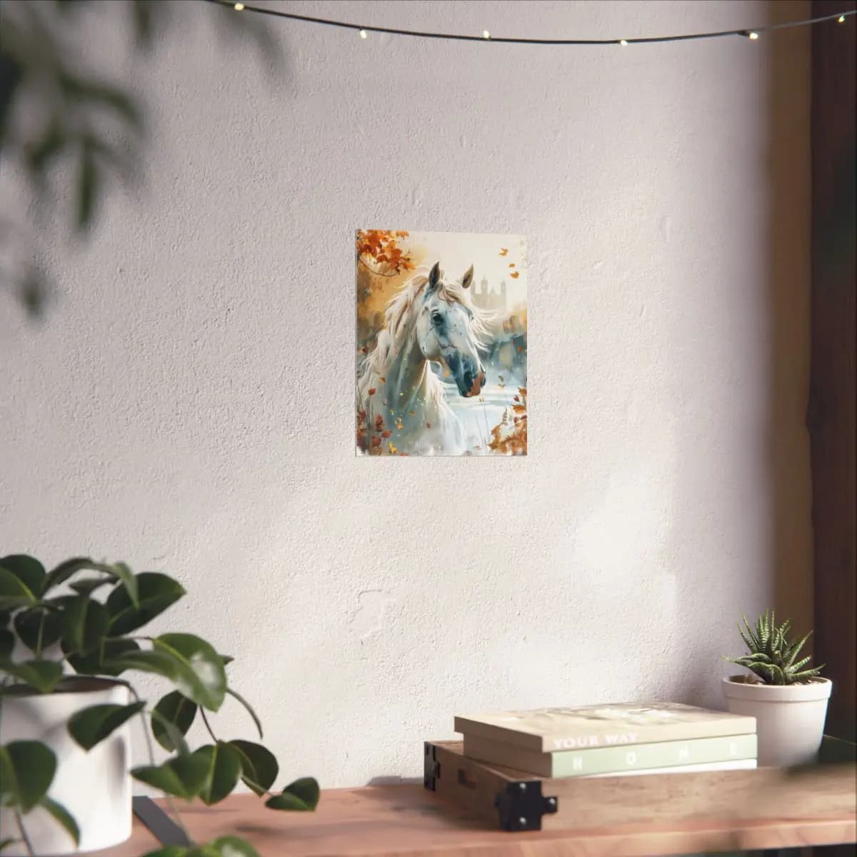 White Horse Amid Golden Autumn Leaves - Matte Vertical Posters mockup angle 6