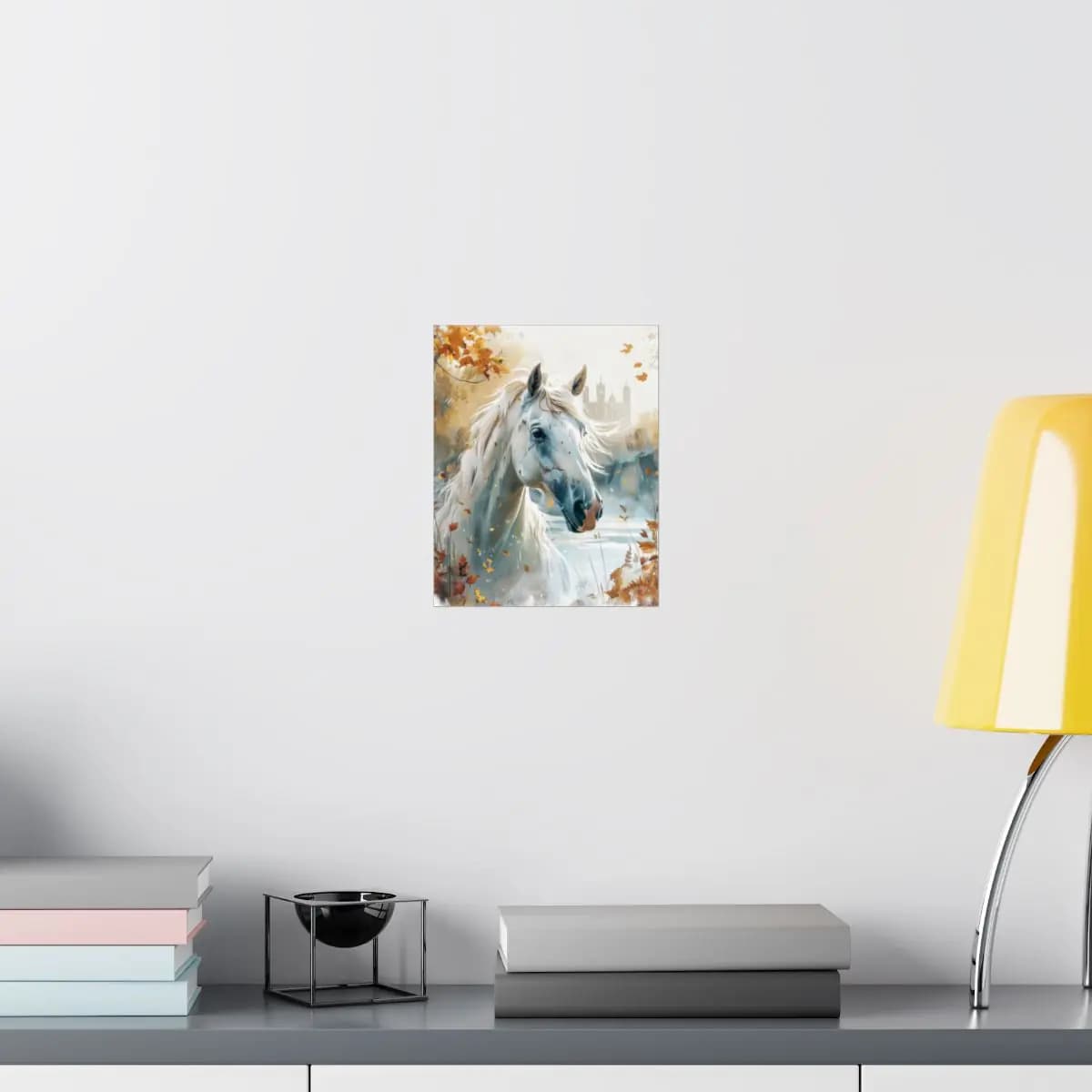 White Horse Amid Golden Autumn Leaves - Matte Vertical Posters mockup angle 8