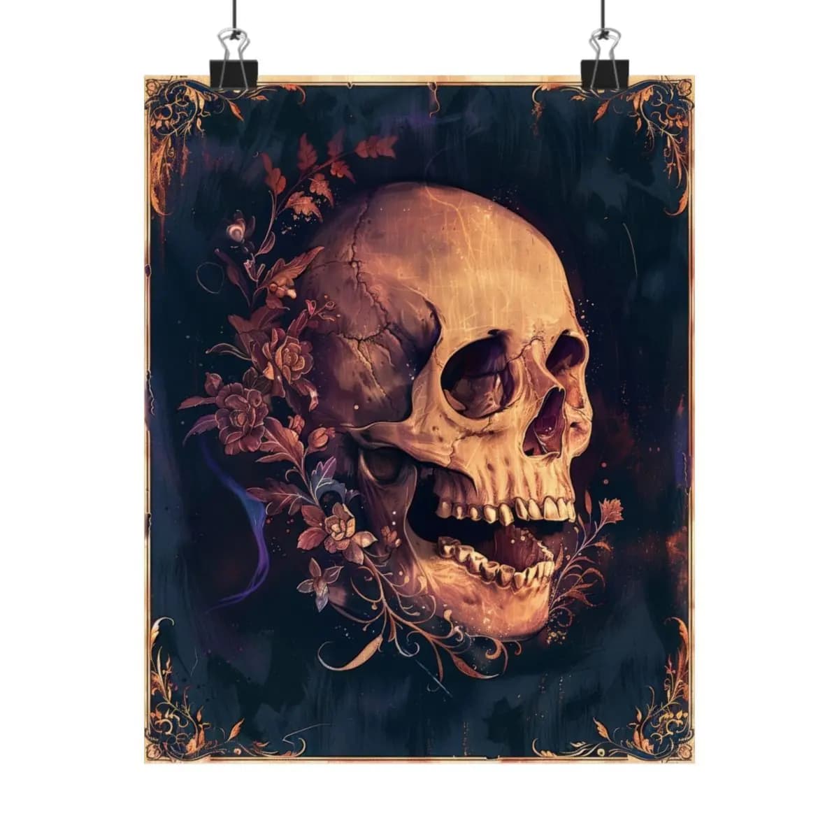 Baroque Floral Skull with Golden Ornaments - Matte Vertical Posters mockup angle 1