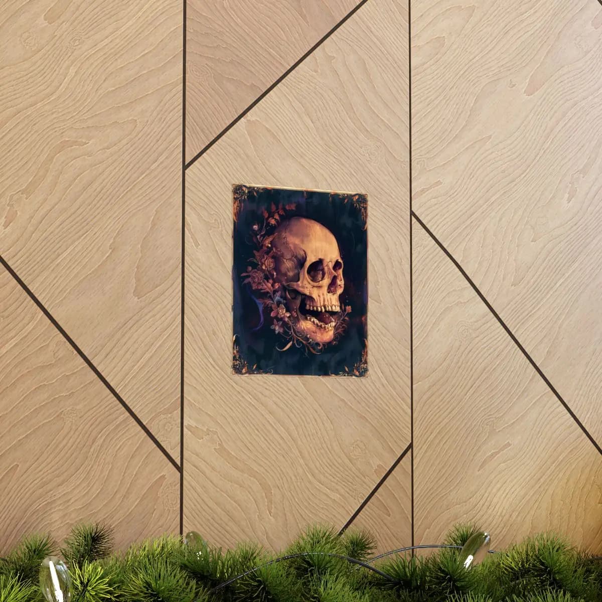 Baroque Floral Skull with Golden Ornaments - Matte Vertical Posters mockup angle 5