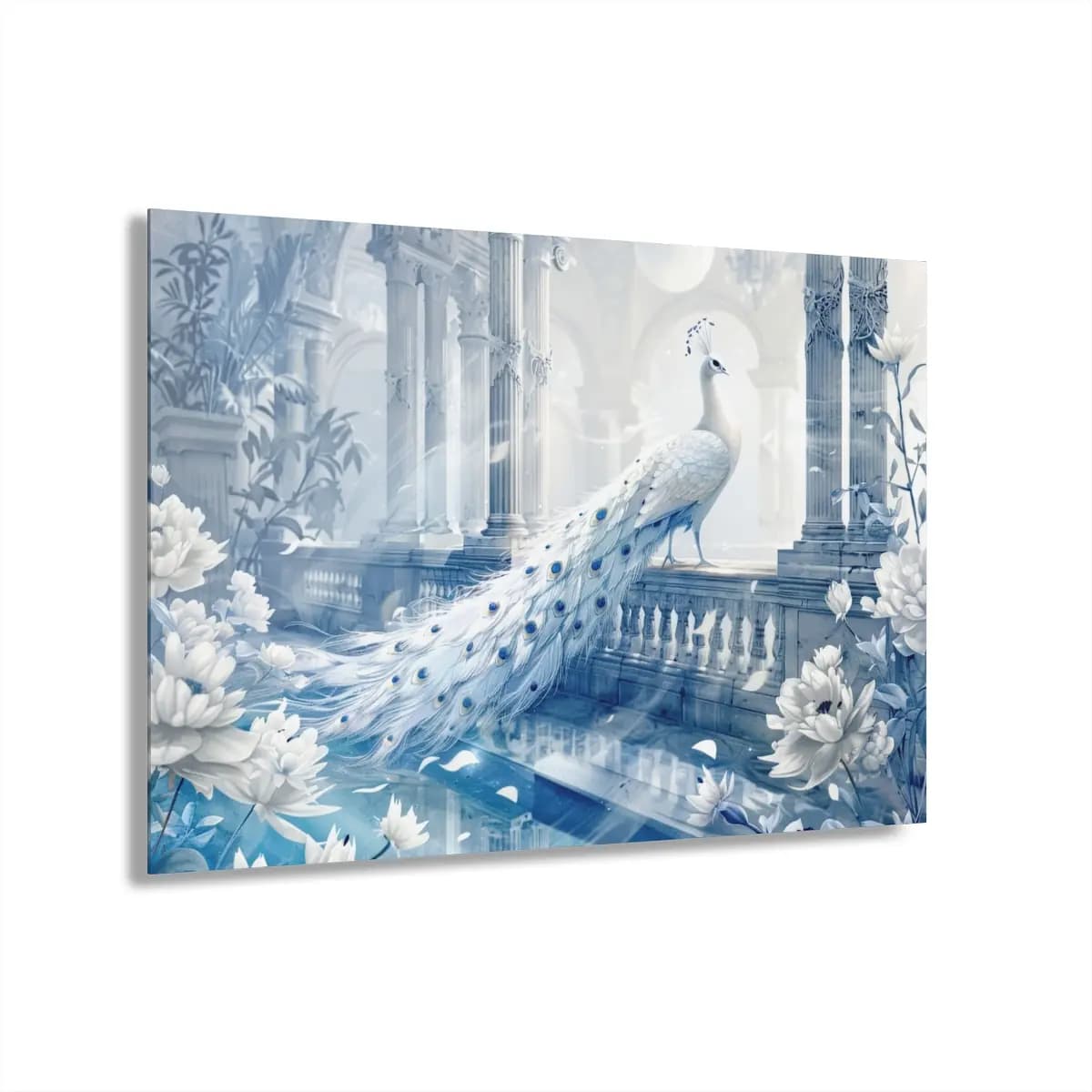 White Peacock on a Celestial Marble Terrace - Acrylic Prints (French Cleat Hanging) mockup angle 1