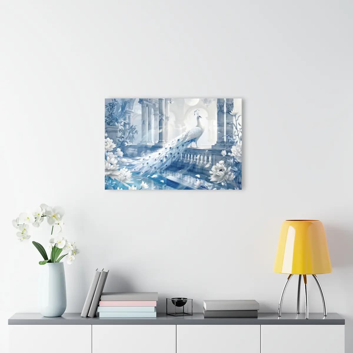 White Peacock on a Celestial Marble Terrace - Acrylic Prints (French Cleat Hanging) mockup angle 4