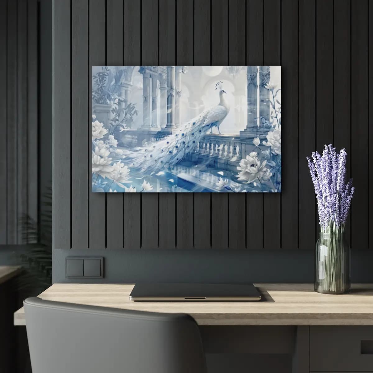 White Peacock on a Celestial Marble Terrace - Acrylic Prints (French Cleat Hanging) mockup angle 5
