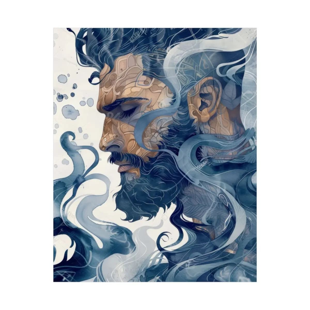 Tattooed Profile Dissolving in Blue Mist - Matte Vertical Posters mockup angle 2