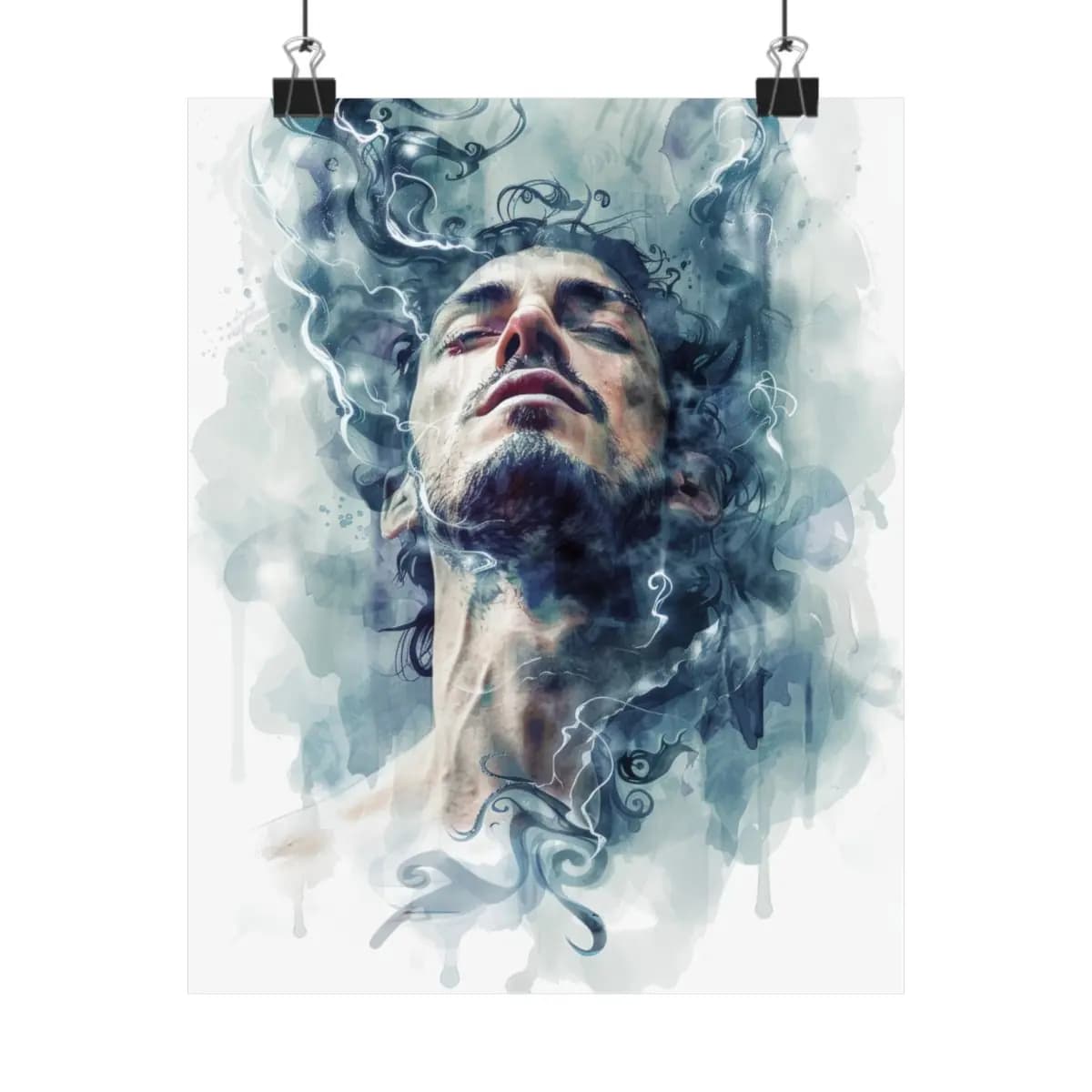 Man with Closed Eyes Dissolving into Ink Swirls - Matte Vertical Posters mockup angle 1