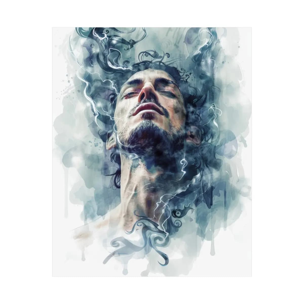 Man with Closed Eyes Dissolving into Ink Swirls - Matte Vertical Posters mockup angle 2