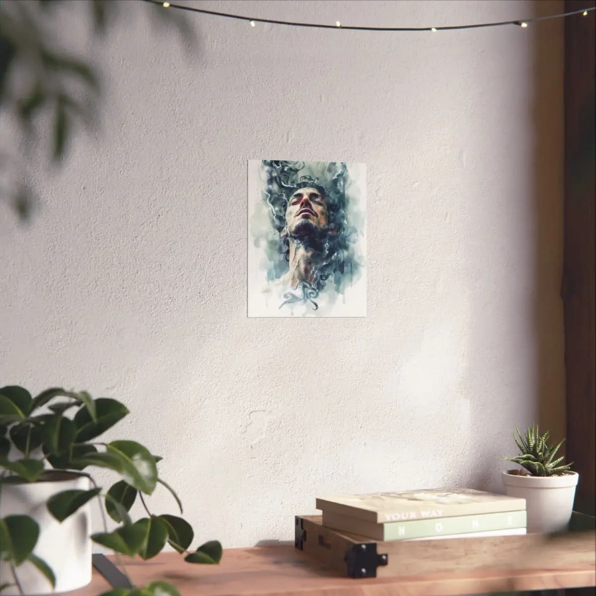 Man with Closed Eyes Dissolving into Ink Swirls - Matte Vertical Posters mockup angle 6