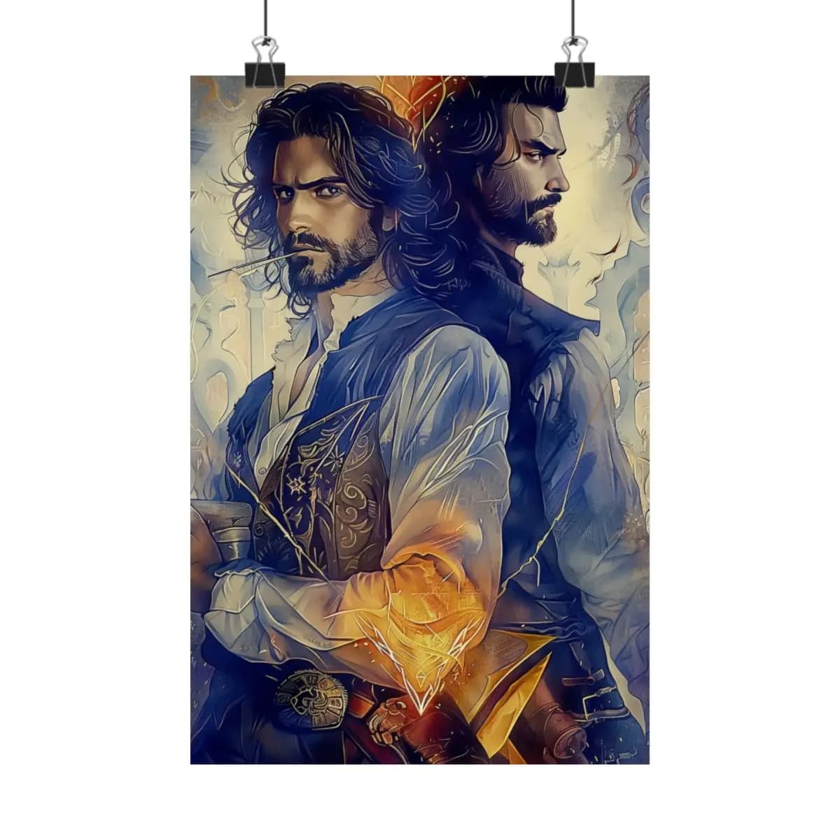 Two Heroes Bound by Gold and Blue Light - Matte Vertical Posters mockup angle 1