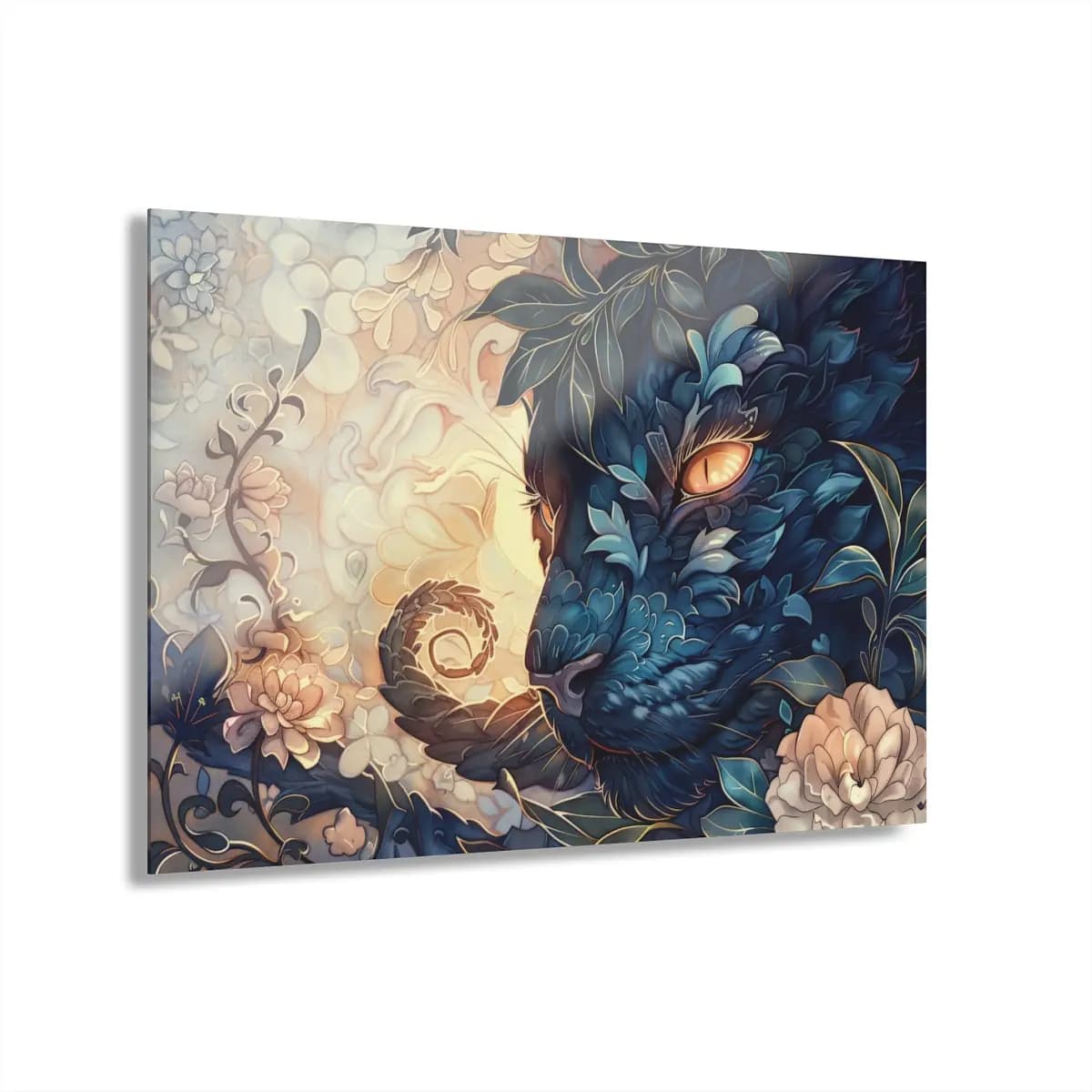 The Leaf-Cloaked Cat with Amber Eyes - Acrylic Prints (French Cleat Hanging) mockup angle 1