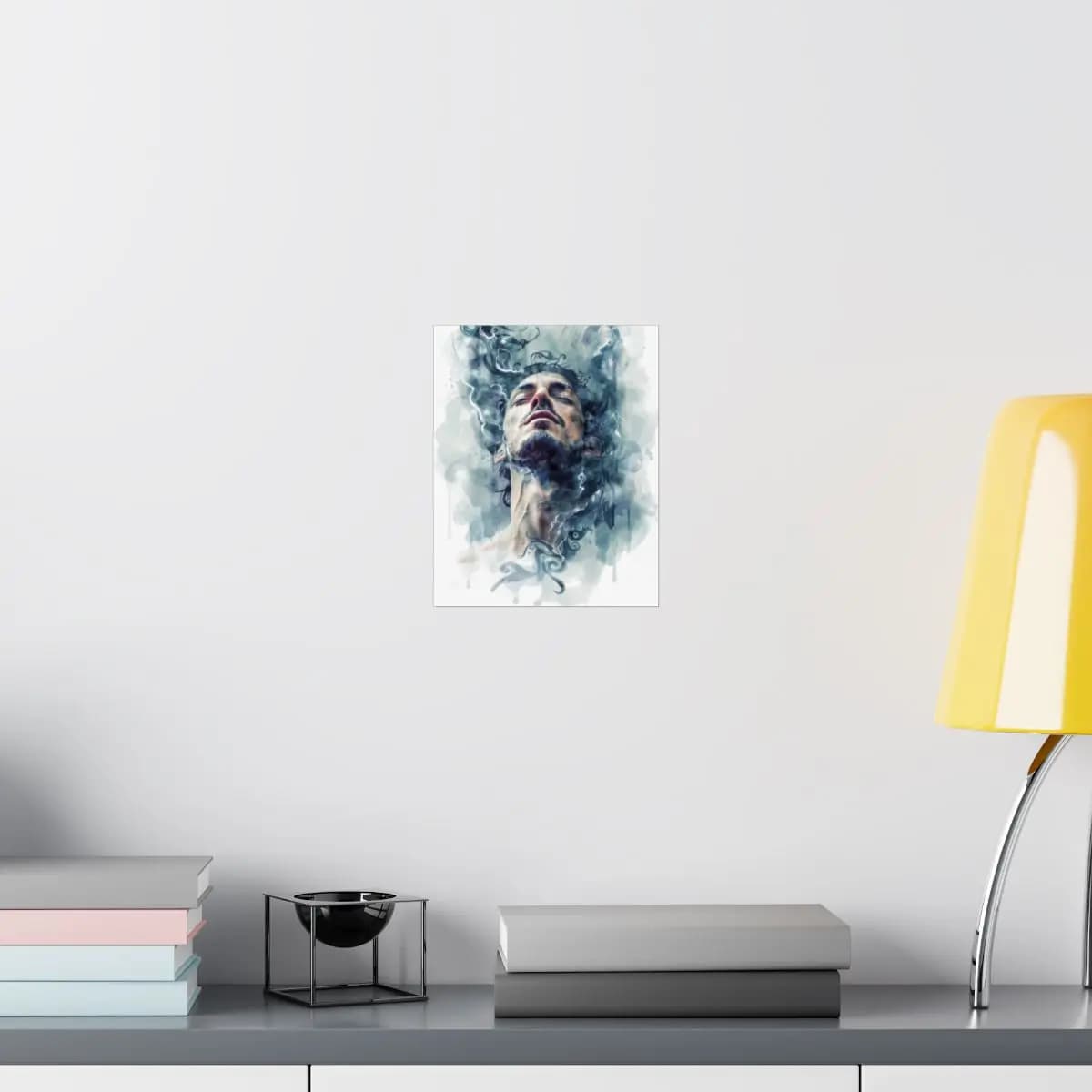 Man with Closed Eyes Dissolving into Ink Swirls - Matte Vertical Posters mockup angle 8