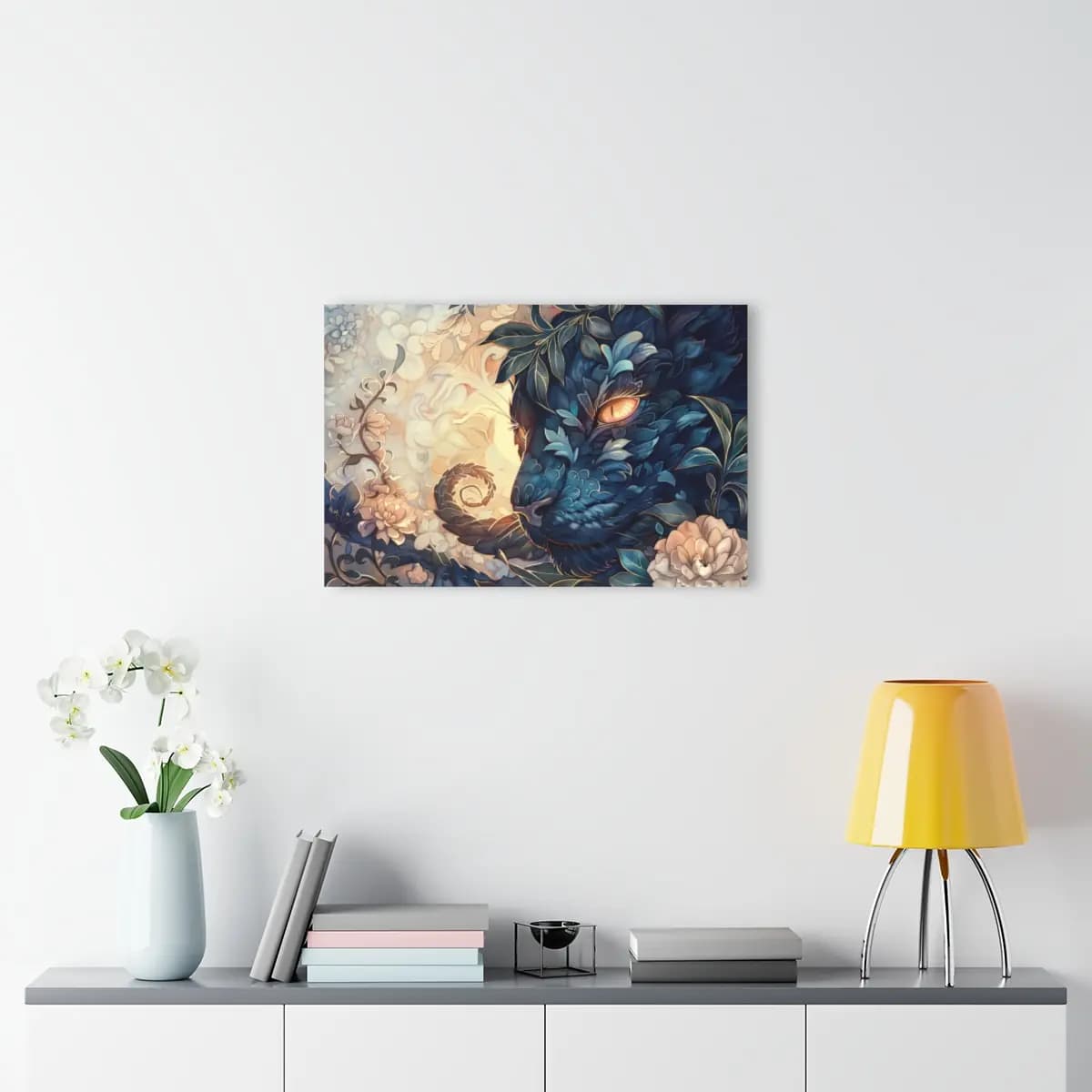 The Leaf-Cloaked Cat with Amber Eyes - Acrylic Prints (French Cleat Hanging) mockup angle 4