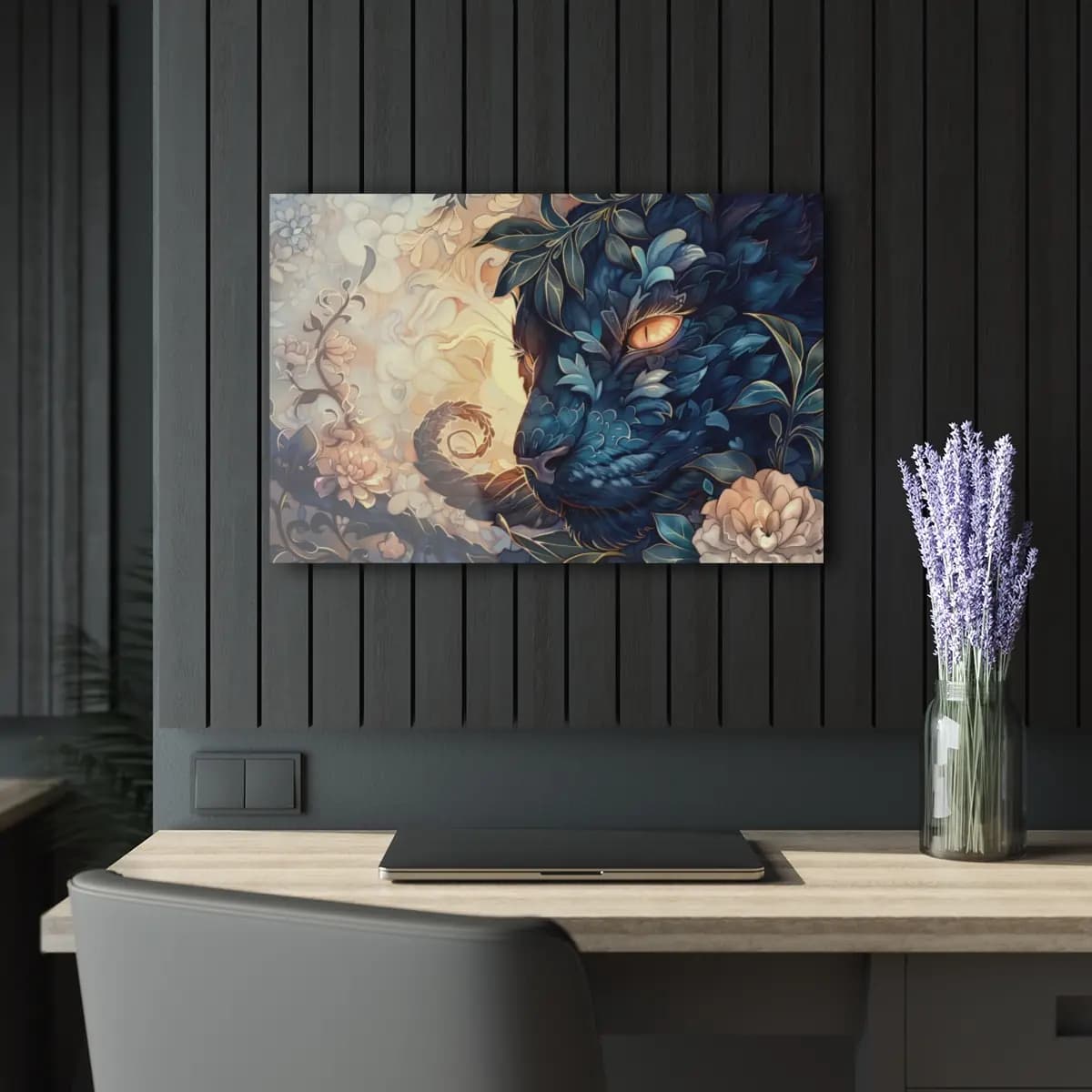 The Leaf-Cloaked Cat with Amber Eyes - Acrylic Prints (French Cleat Hanging) mockup angle 5