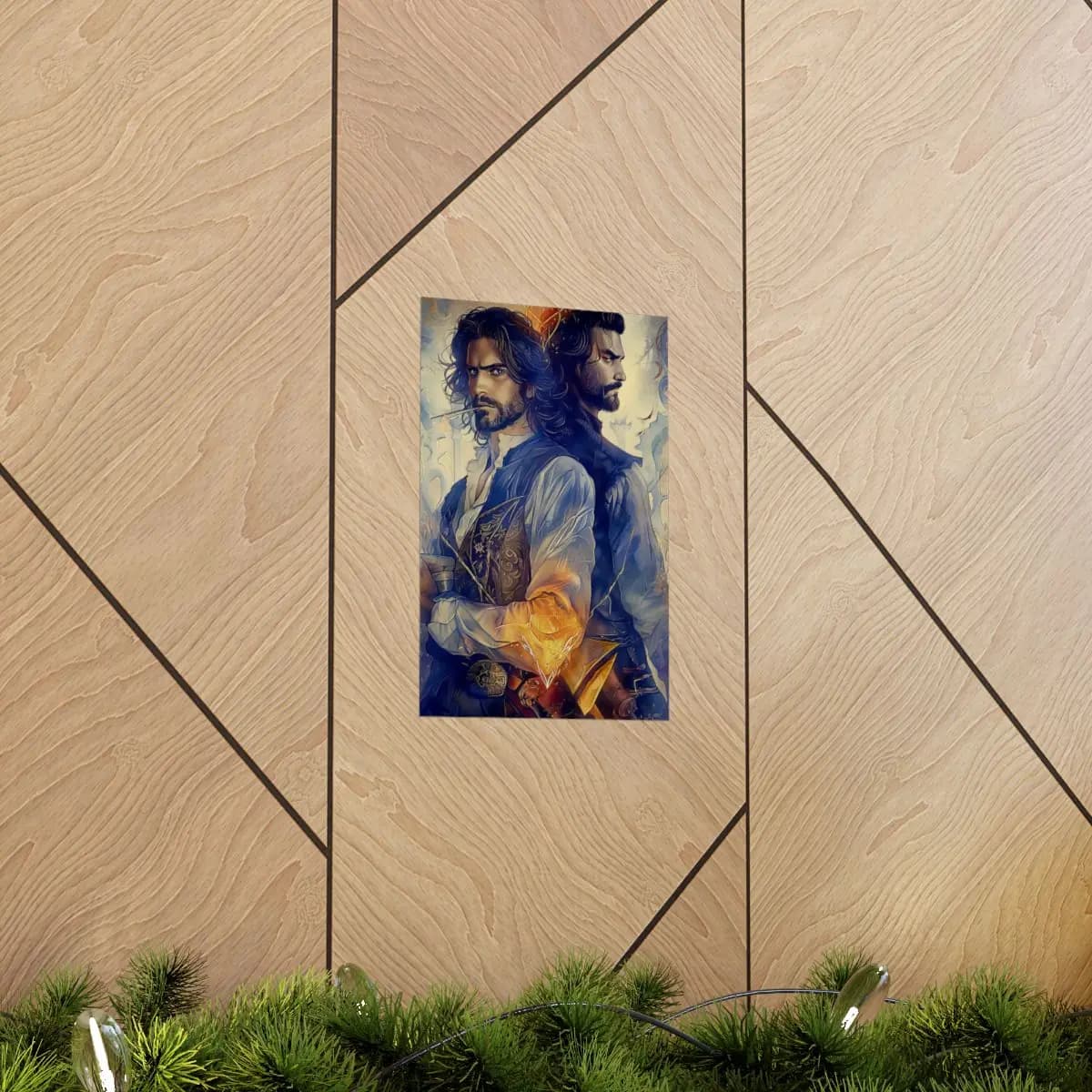 Two Heroes Bound by Gold and Blue Light - Matte Vertical Posters mockup angle 5