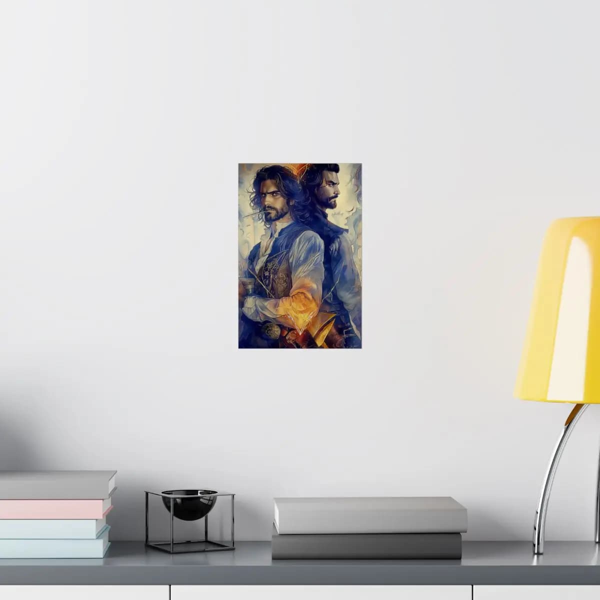 Two Heroes Bound by Gold and Blue Light - Matte Vertical Posters mockup angle 8