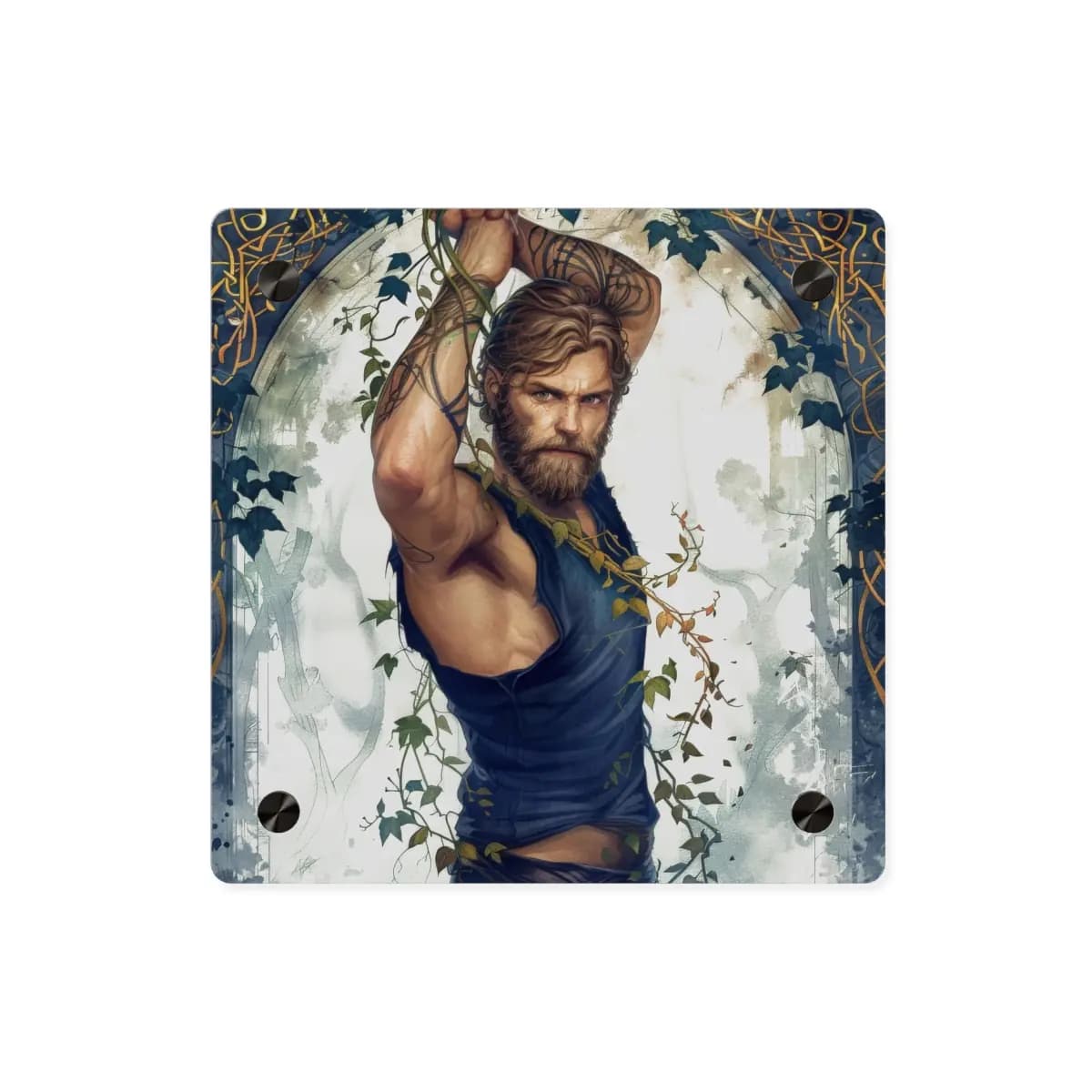 Vine-Wrapped Warrior Beneath the Golden Arch - Acrylic Wall Art Panels mockup angle 1